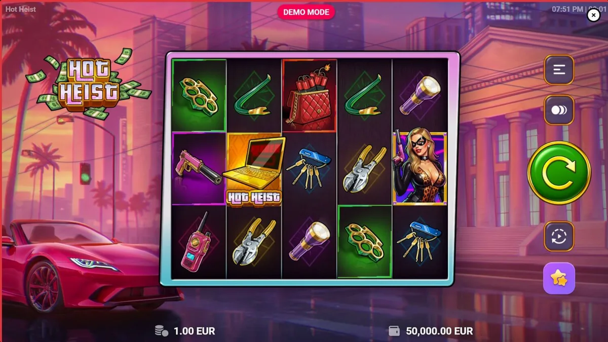 Tampilan visual neon dari slot Hot Heist dengan simbol kriminal