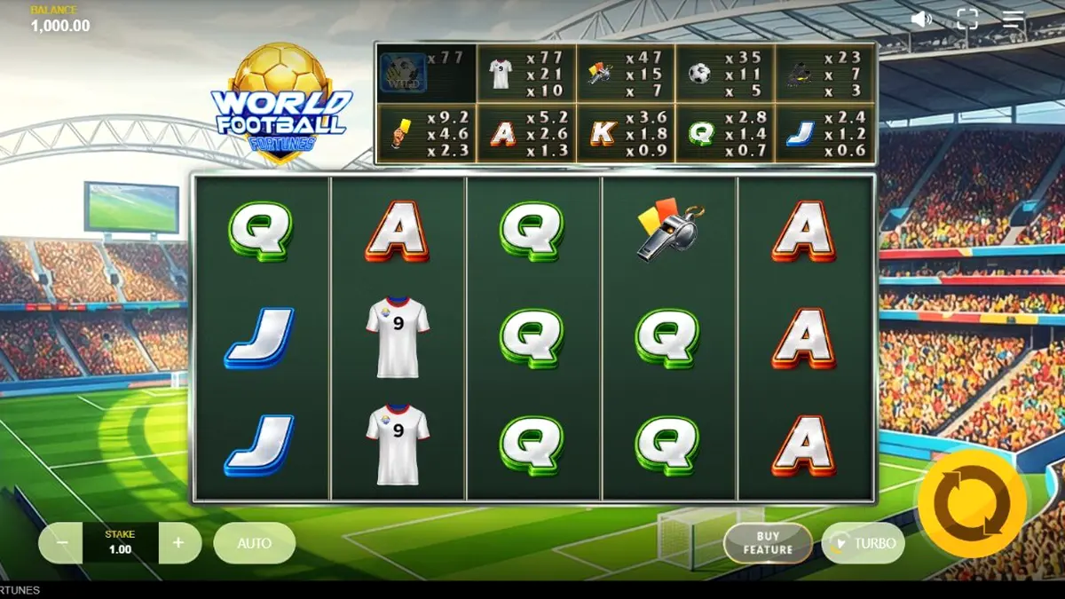Tampilan visual slot World Football Fortunes dengan tema stadion sepak bola