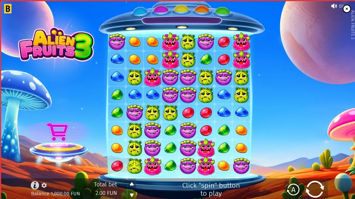 Pemandangan grid neon Alien Fruits 3 dengan tema luar angkasa yang futuristik